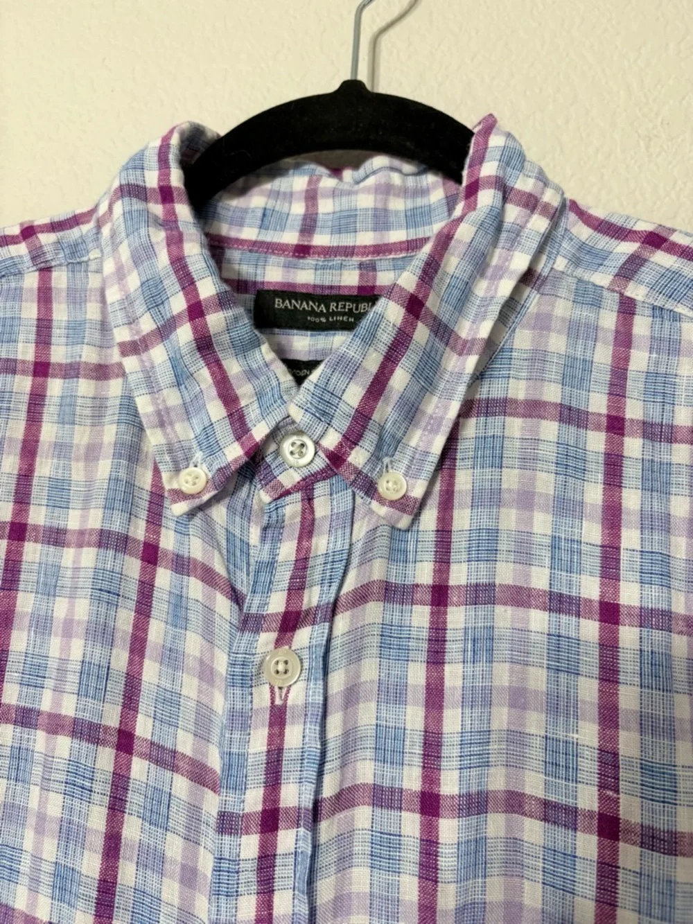 Men’s Banana Republic Linen Purple Blue Plaid Button-Down Shirt Camden Fit L